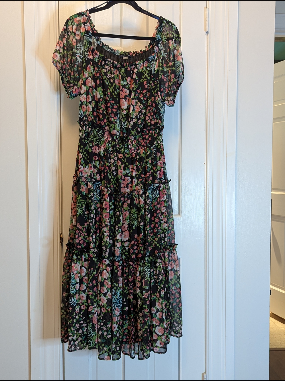 Tommy Hilfiger Black Floral Tiered Dress with Pink & Green Print